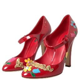 Red Leather Embellished Mary Jane Pumps Heels Shoes