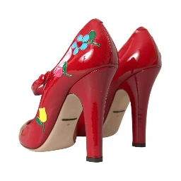 Red Leather Embellished Mary Jane Pumps Heels Shoes