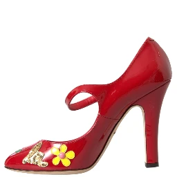 Red Leather Embellished Mary Jane Pumps Heels Shoes