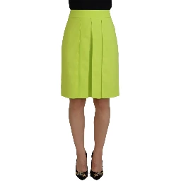 Green High Waist Pleated A-line Knee Length Skirt