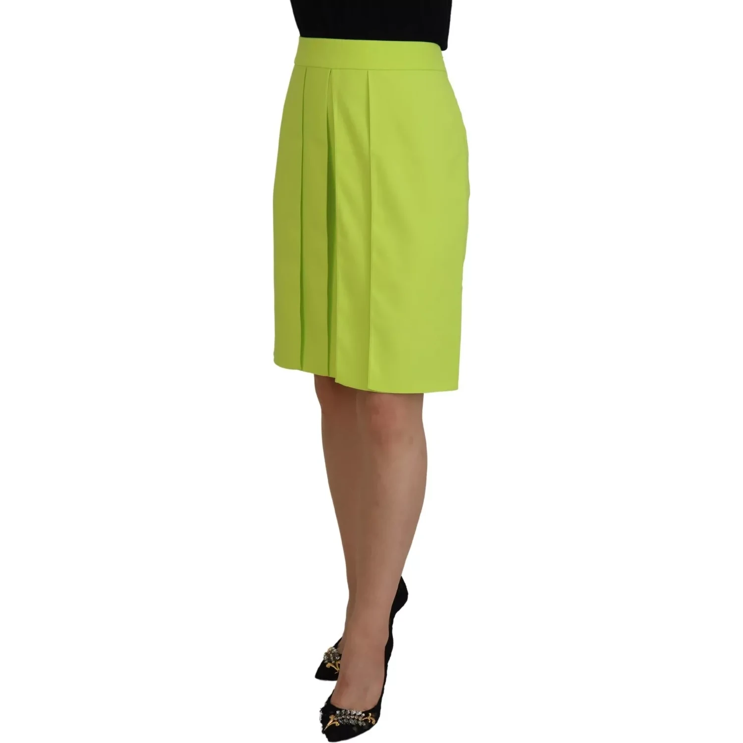 Green High Waist Pleated A-line Knee Length Skirt