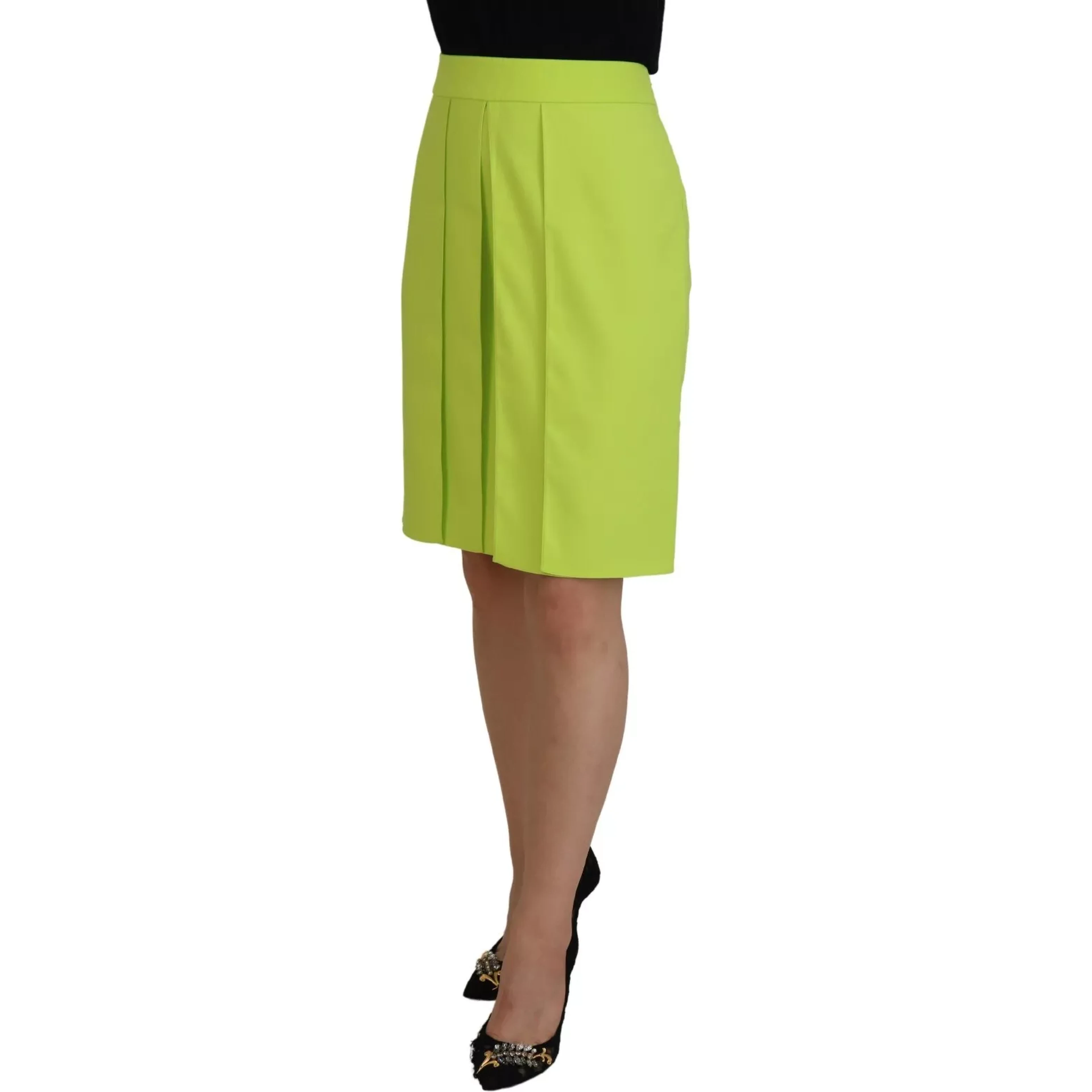Green High Waist Pleated A-line Knee Length Skirt