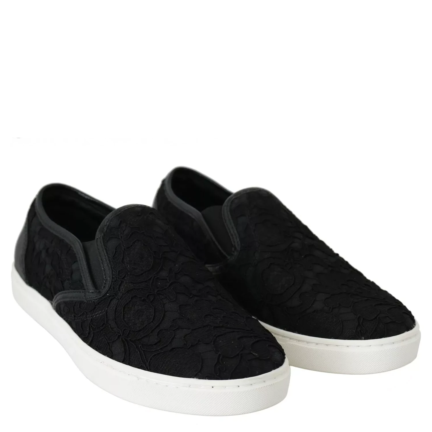Black Lace Leather Logo Flat Slip-On Sneakers