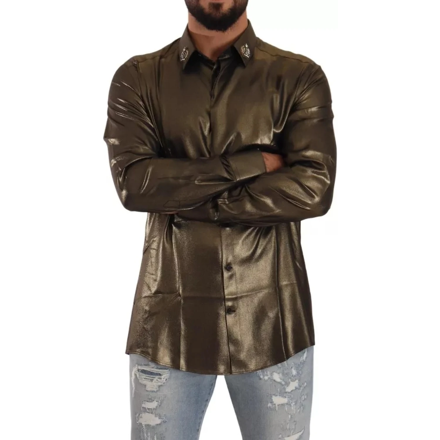 Metallic Gold DG Embroidered Crown Silk Top Shirt