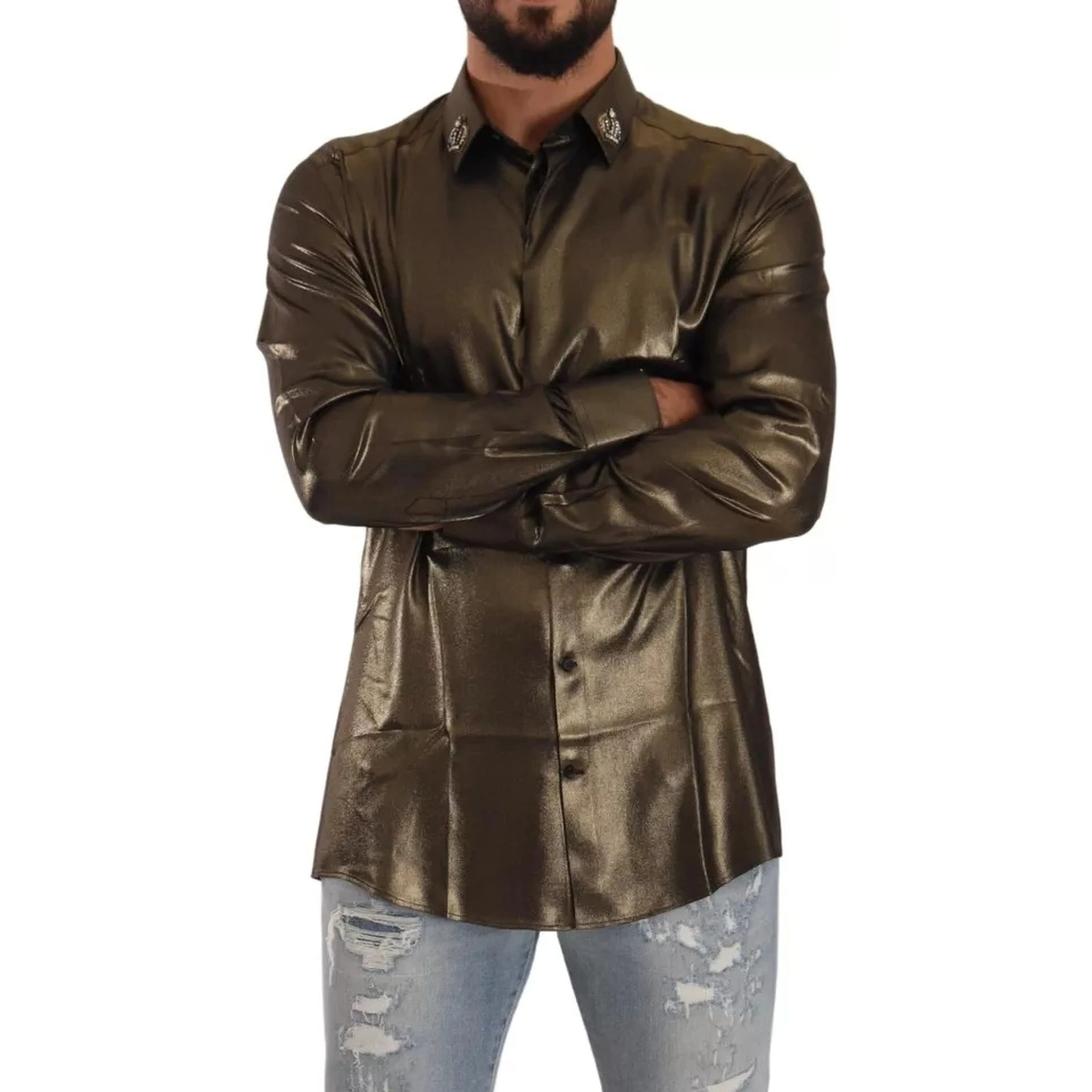Metallic Gold DG Embroidered Crown Silk Top Shirt