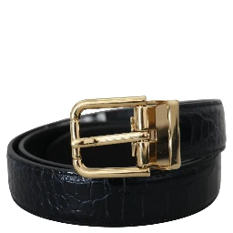 Black Exotic Leather Gold Metal Buckle Belt