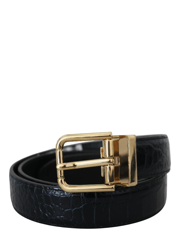 Black Exotic Leather Gold Metal Buckle Belt