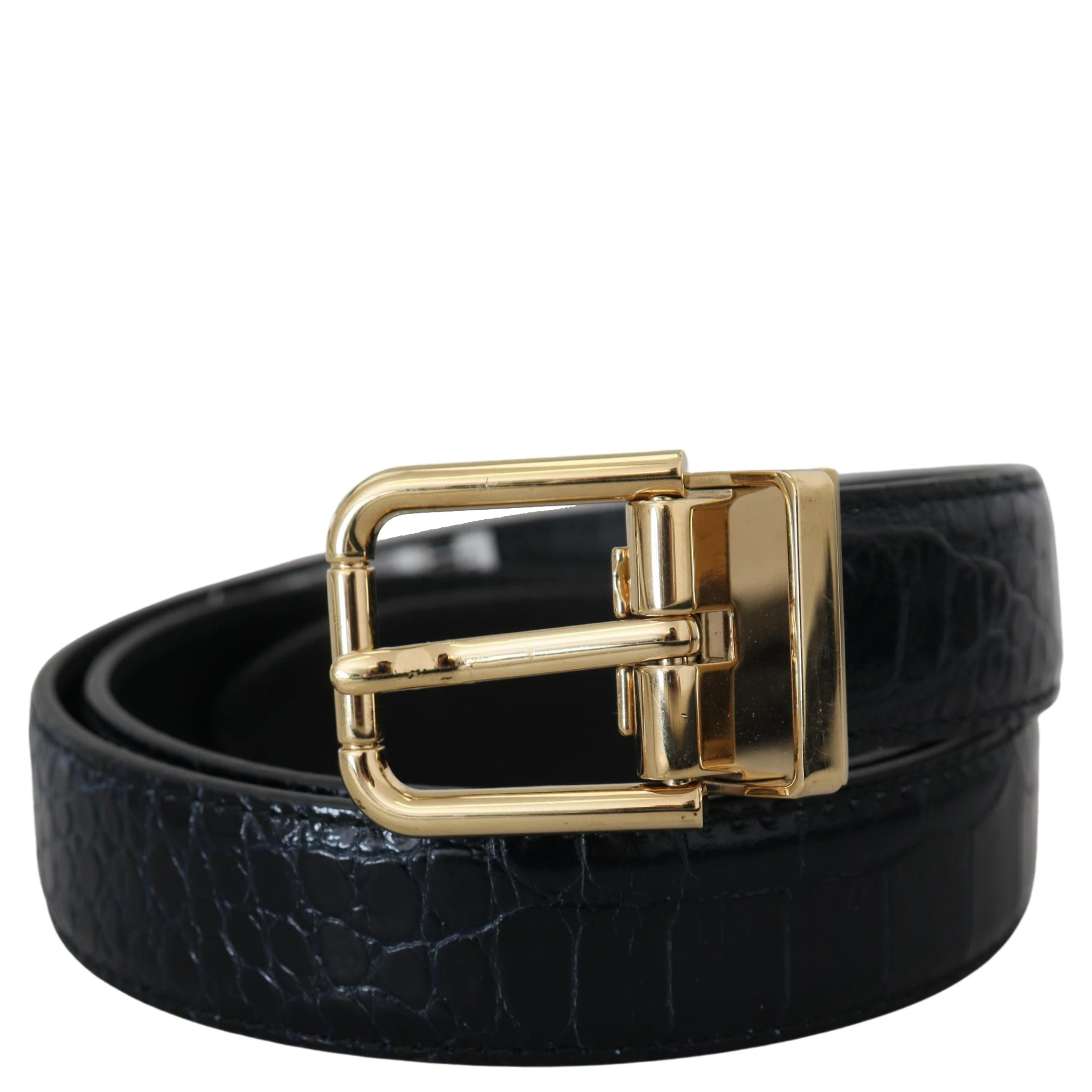 Black Exotic Leather Gold Metal Buckle Belt