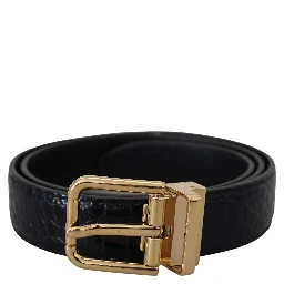 Black Exotic Leather Gold Metal Buckle Belt