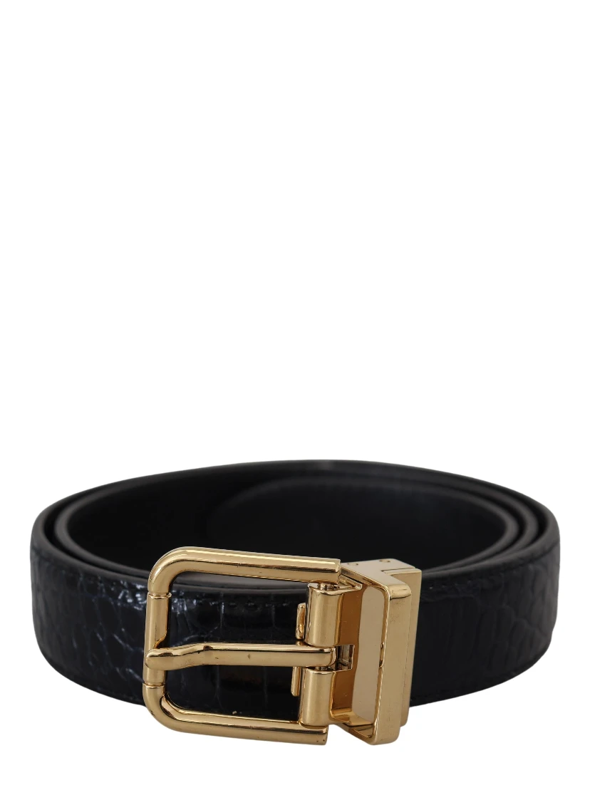 Black Exotic Leather Gold Metal Buckle Belt