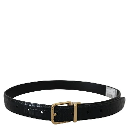 Black Exotic Leather Gold Metal Buckle Belt