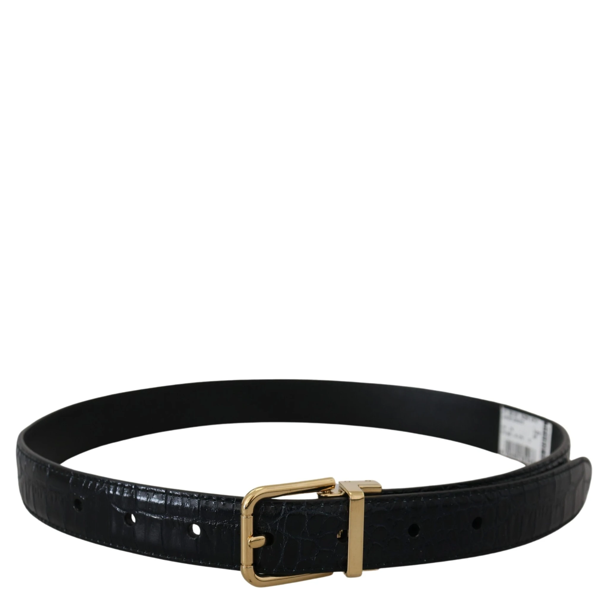 Black Exotic Leather Gold Metal Buckle Belt