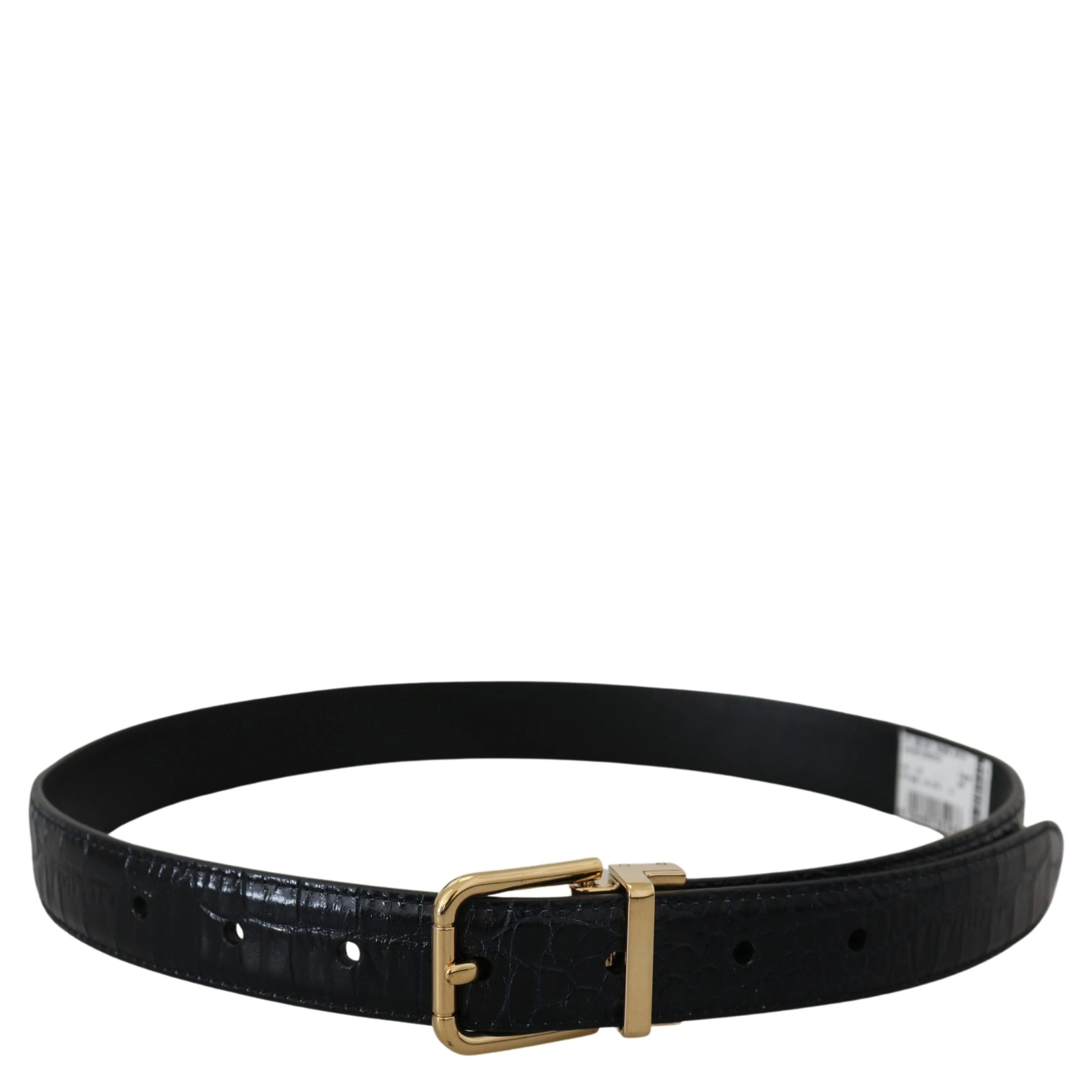 Black Exotic Leather Gold Metal Buckle Belt