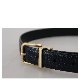 Black Exotic Leather Gold Metal Buckle Belt