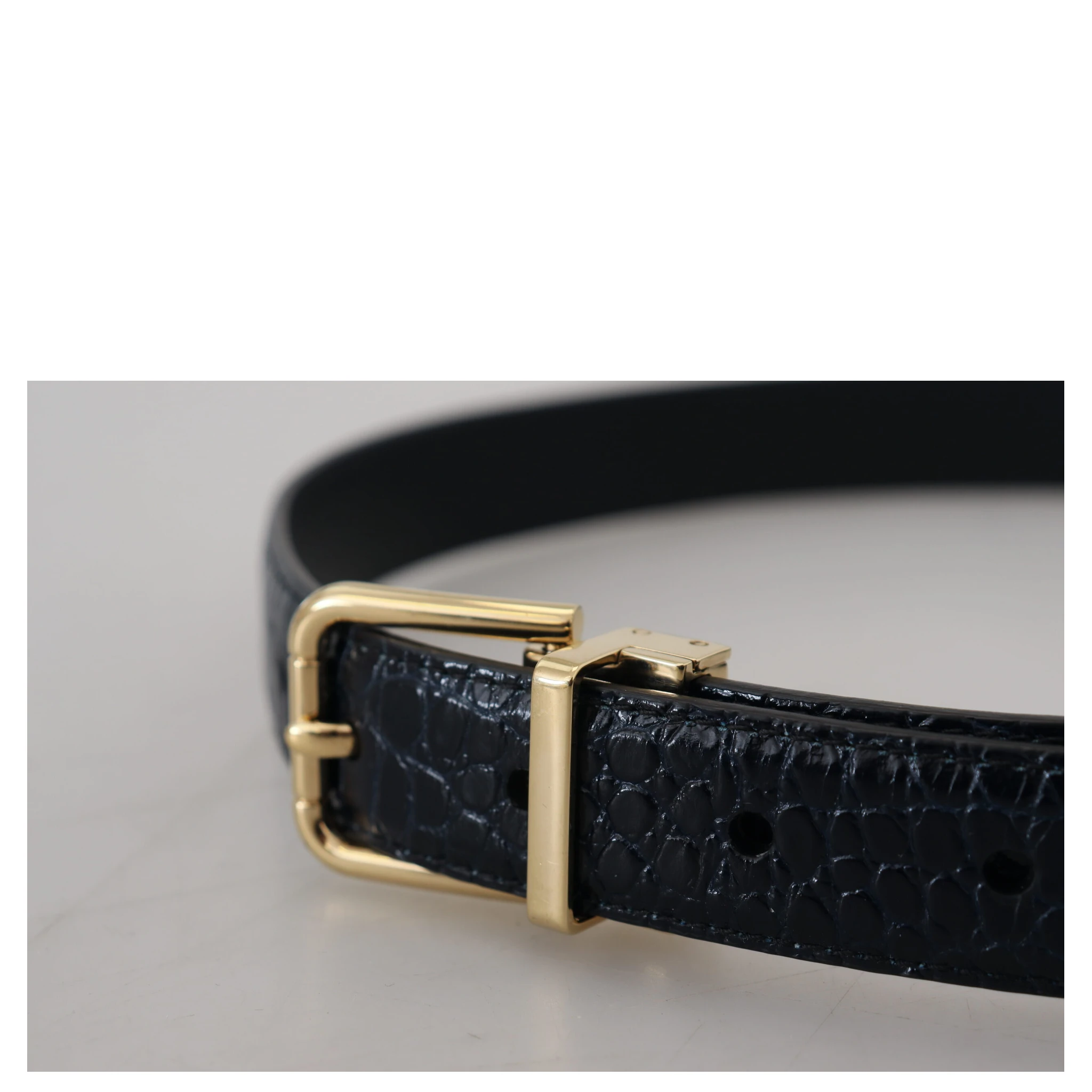 Black Exotic Leather Gold Metal Buckle Belt