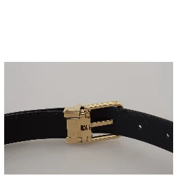 Black Exotic Leather Gold Metal Buckle Belt
