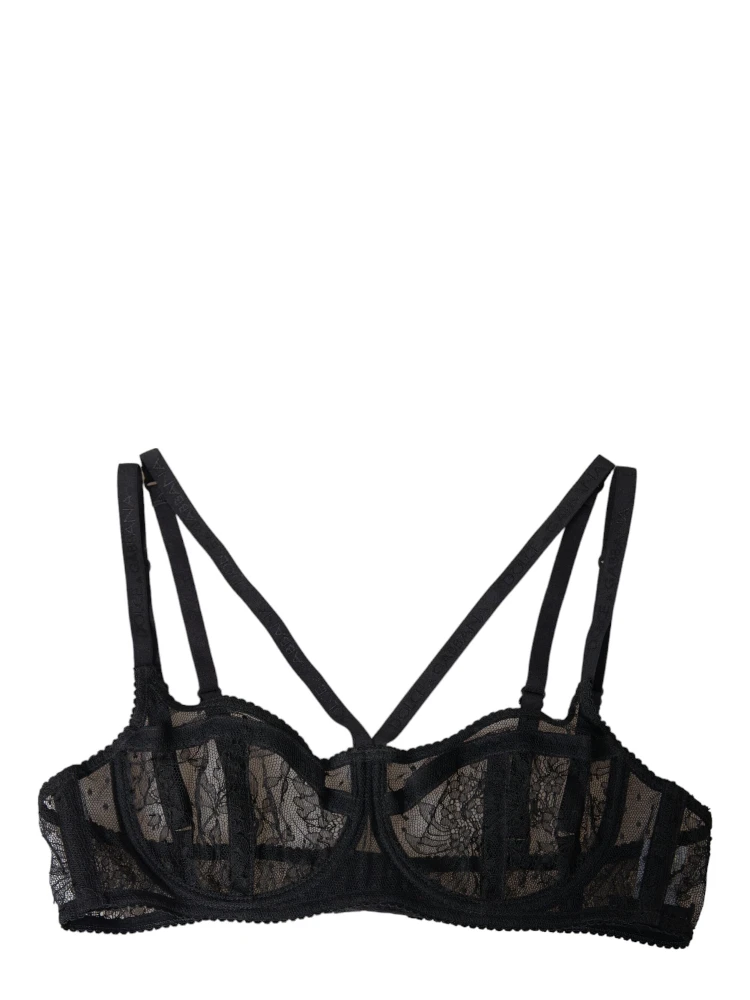 Black Floral Lace Nylon Balconcino Bra Underwear