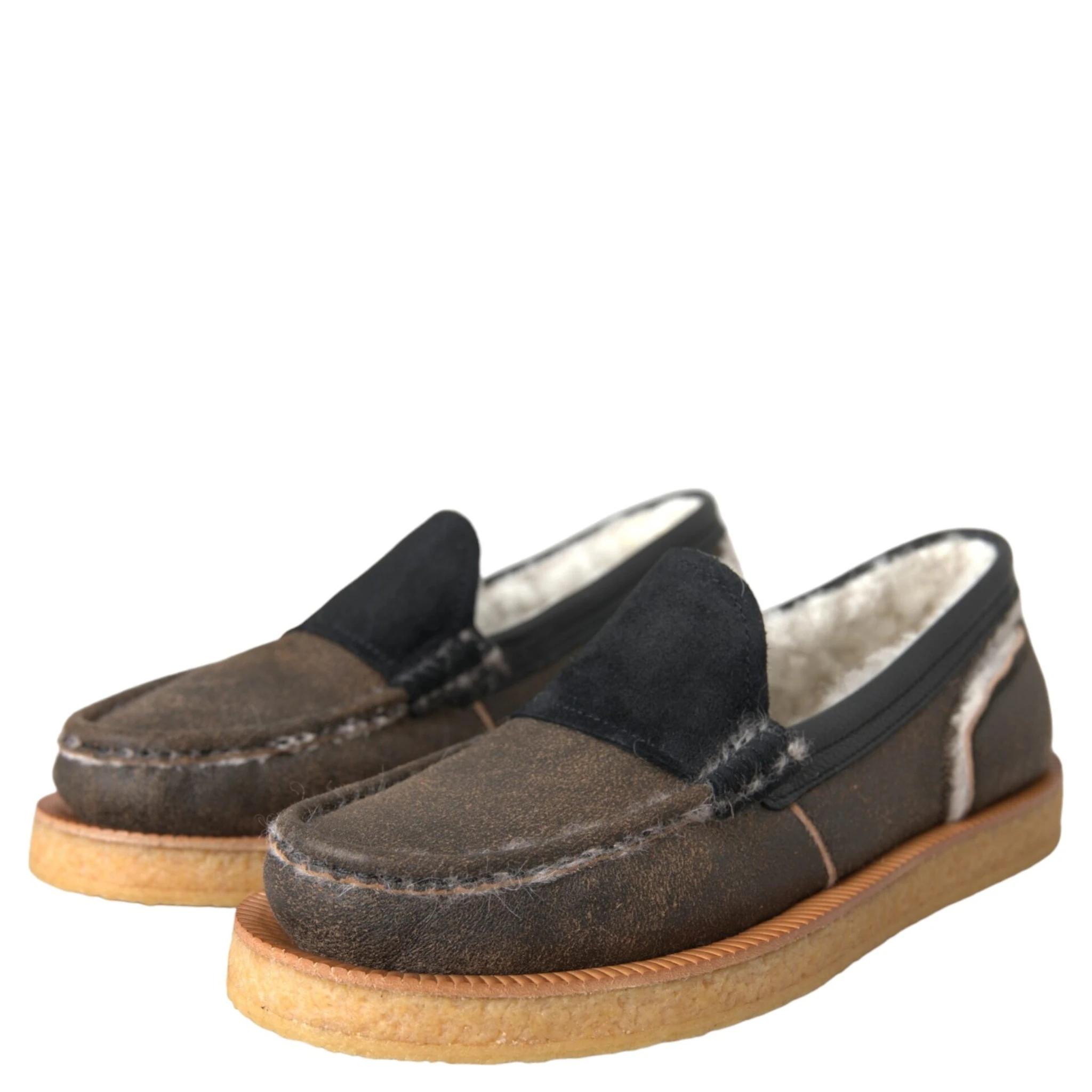 Brown Black Fur Leather Loafers Men Shoes