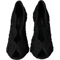Black Cordonetto Ricamo Pump Open Toe Shoes