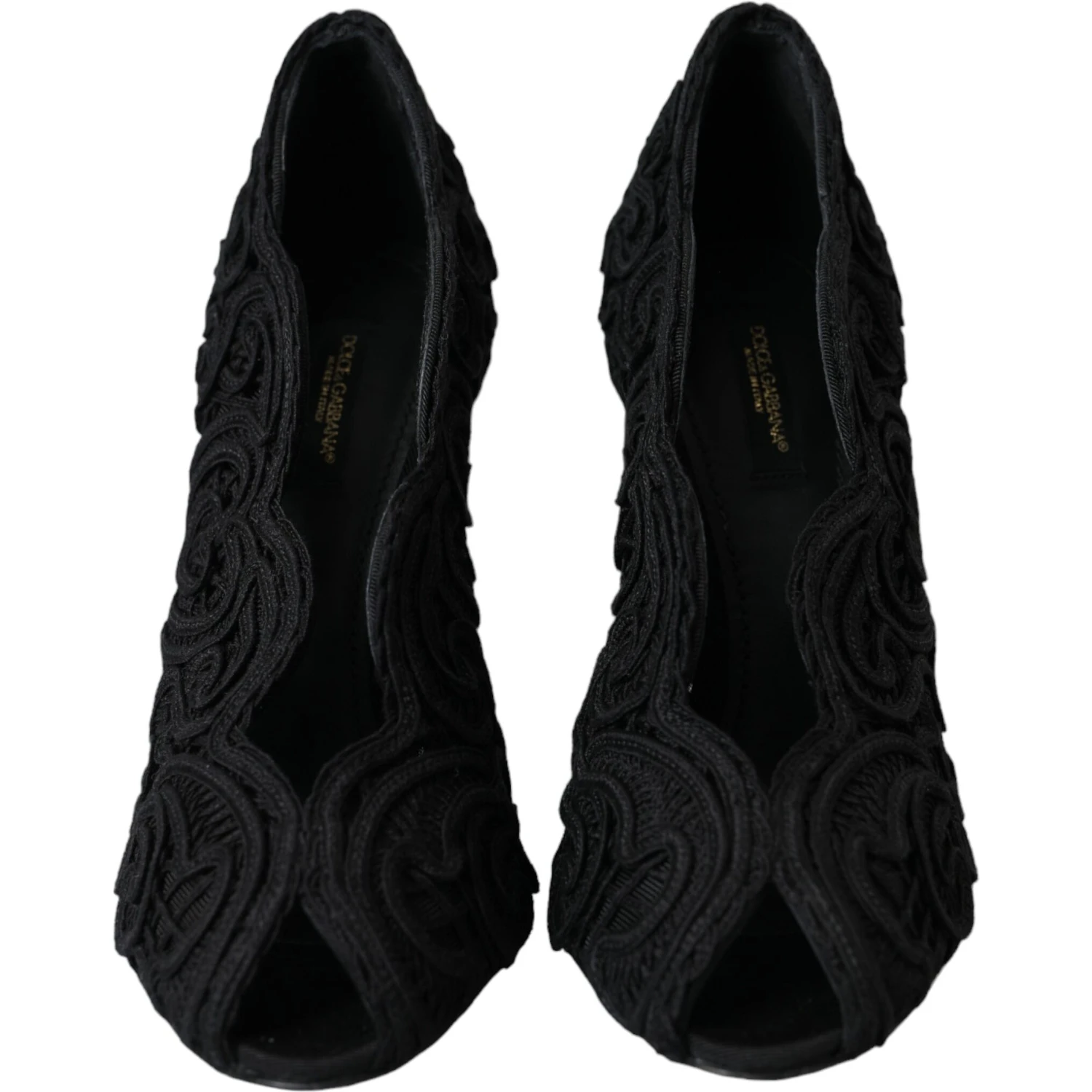 Black Cordonetto Ricamo Pump Open Toe Shoes