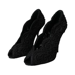 Black Cordonetto Ricamo Pump Open Toe Shoes