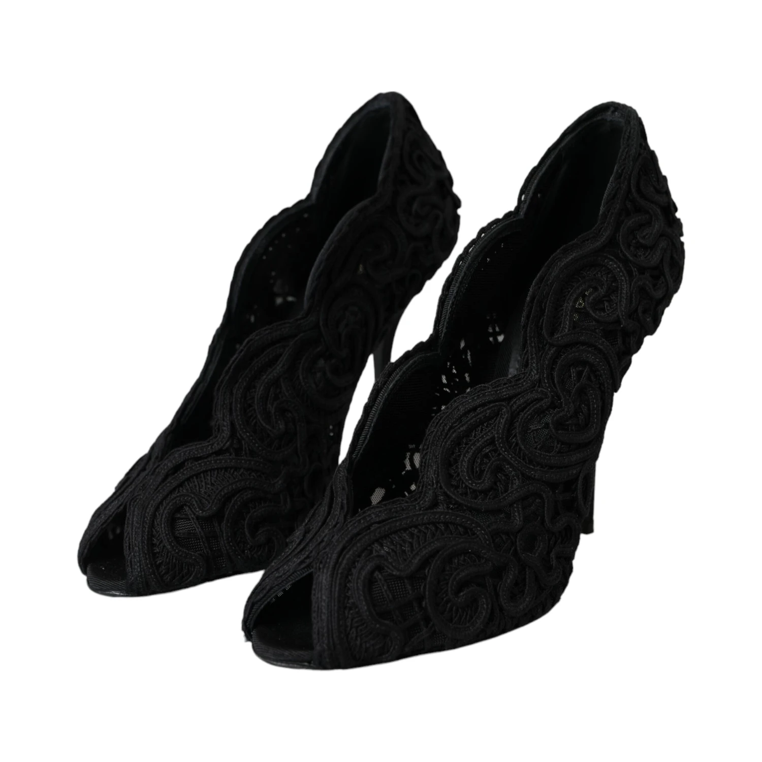 Black Cordonetto Ricamo Pump Open Toe Shoes