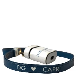 White Blue Calf Leather Logo Print Strap Airpods Case