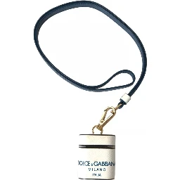 White Blue Calf Leather Logo Print Strap Airpods Case