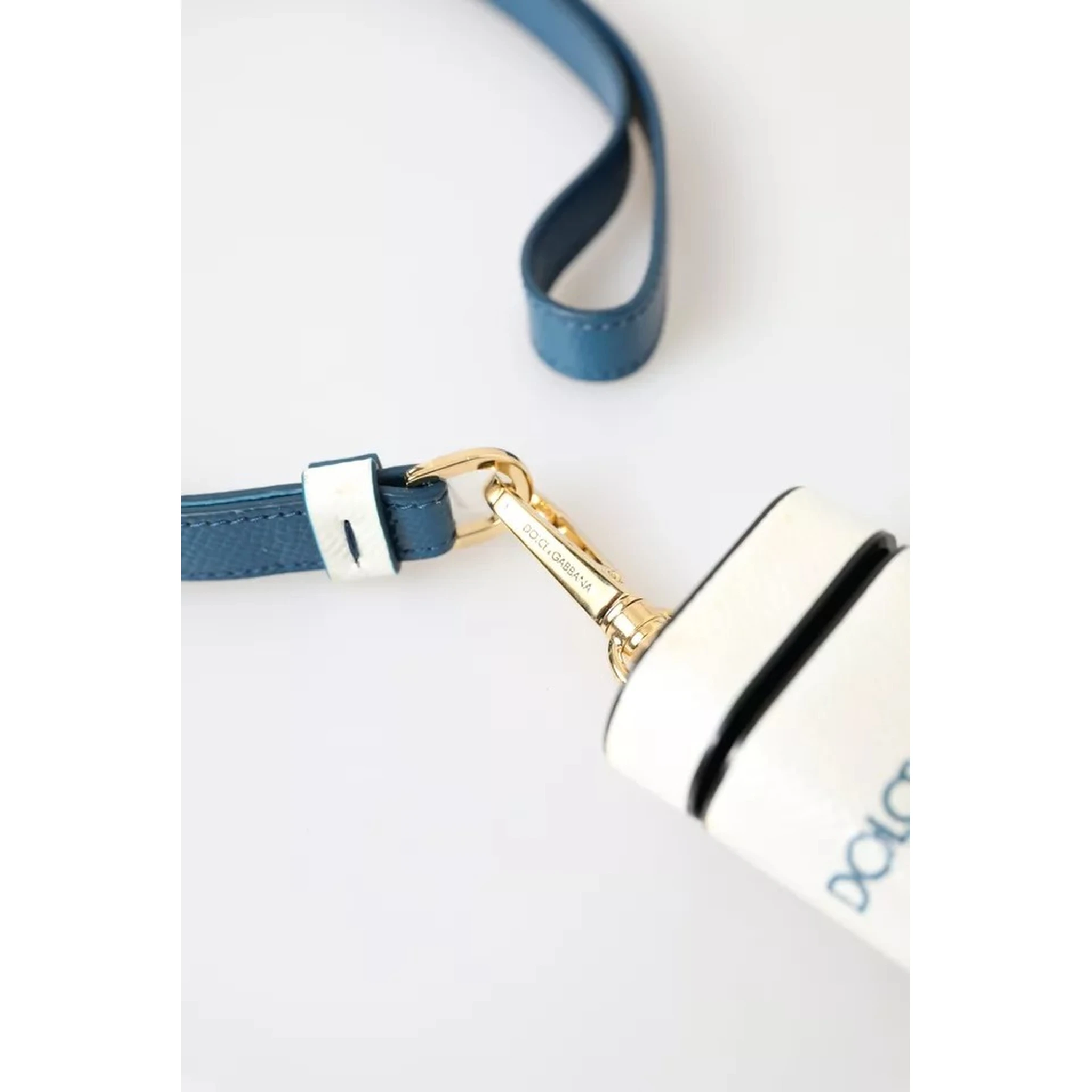 White Blue Calf Leather Logo Print Strap Airpods Case