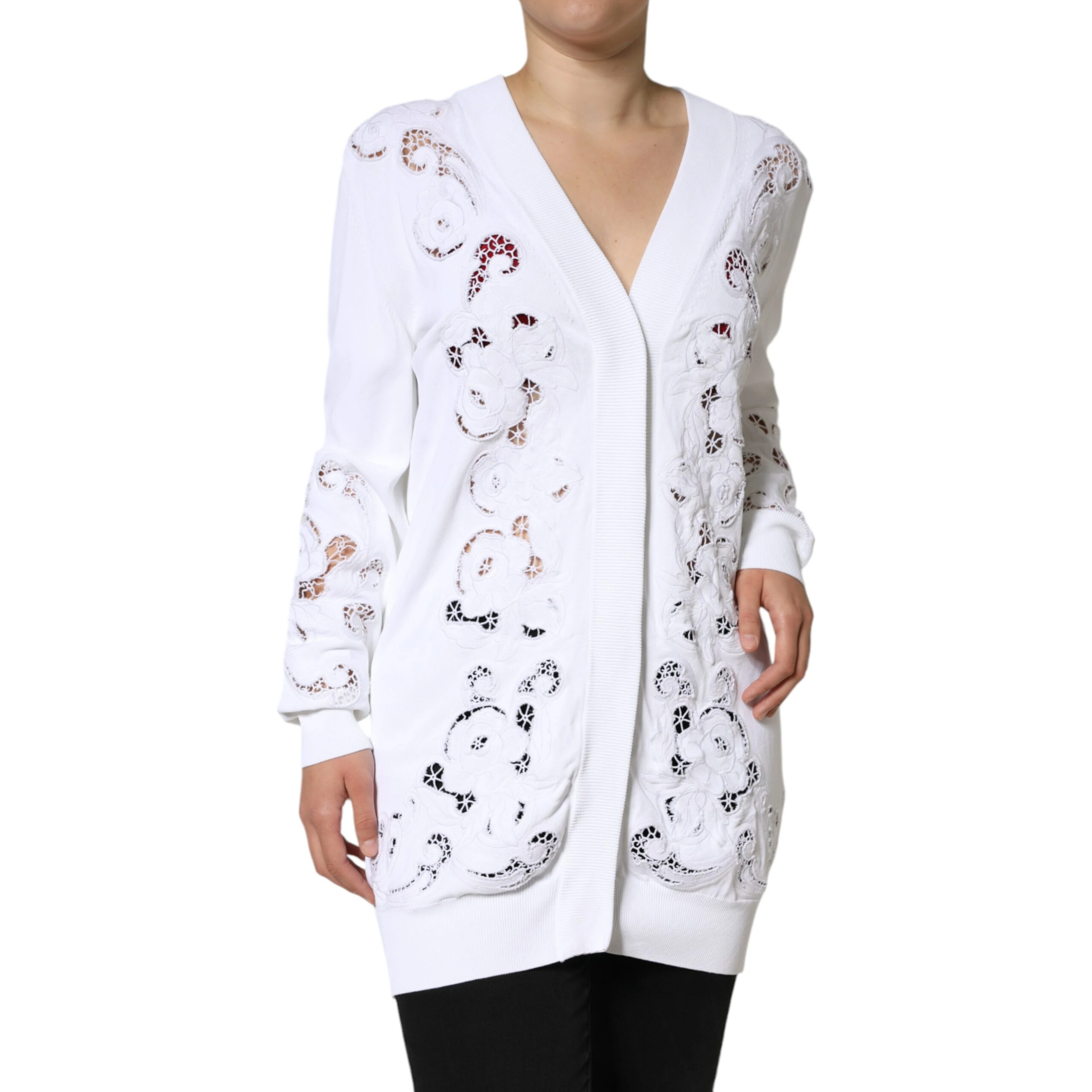 White Viscose Floral Cut Out Cardigan Sweater