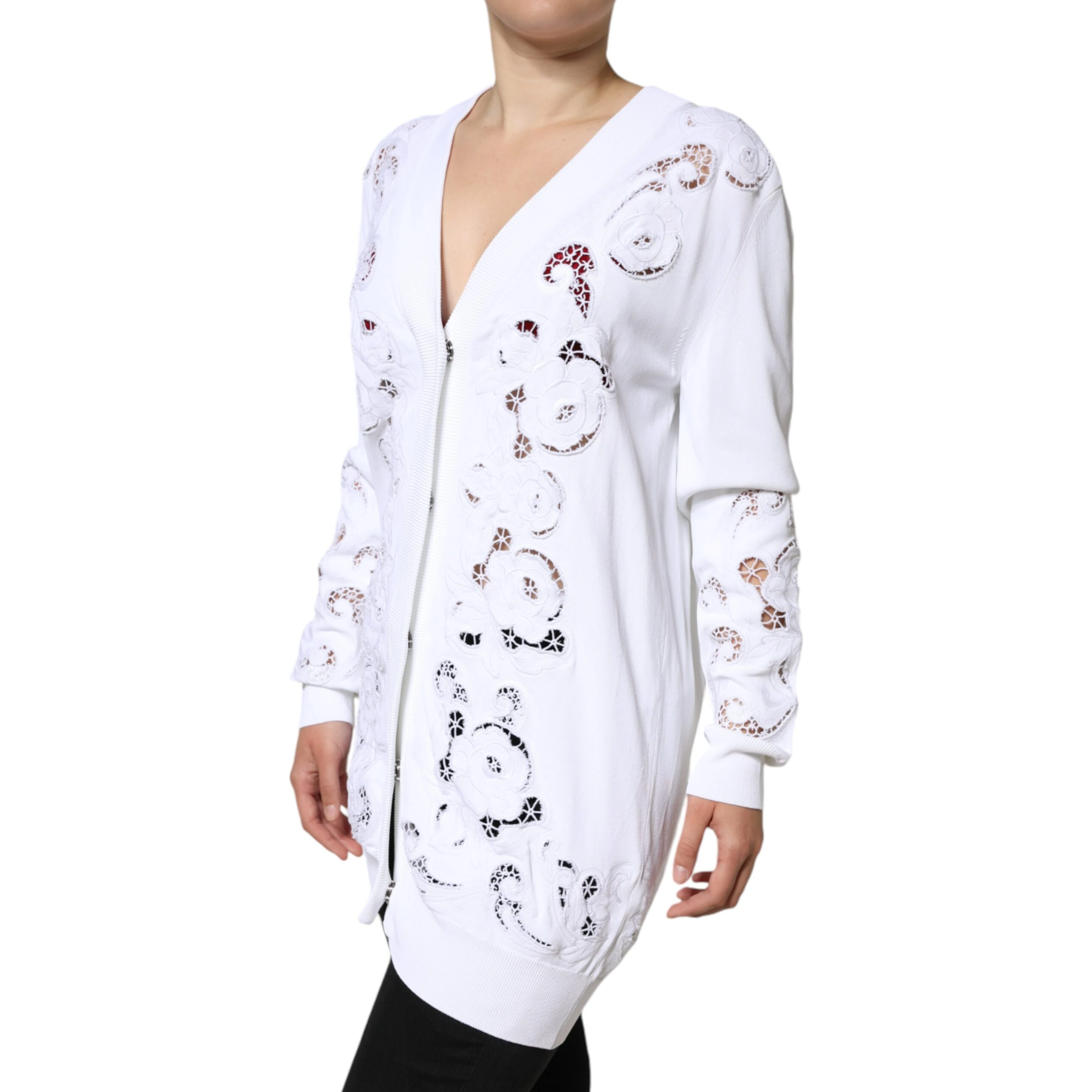 White Viscose Floral Cut Out Cardigan Sweater