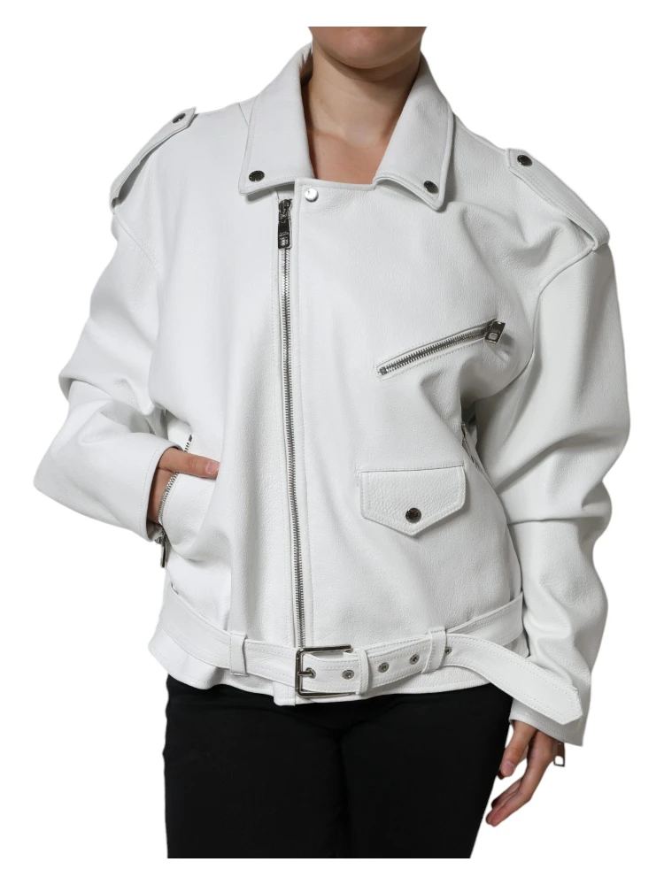 White Lambskin Leather Biker Coat Jacket alternative