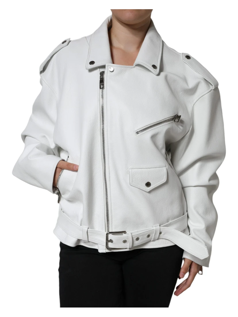 White Lambskin Leather Biker Coat Jacket