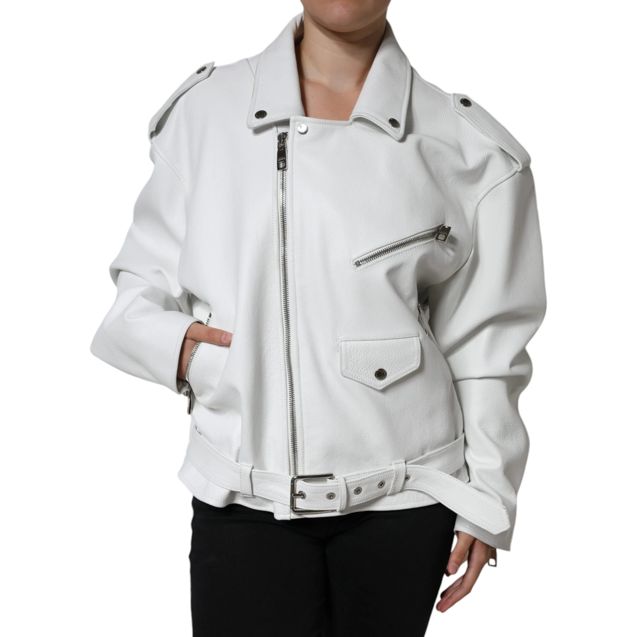 White Lambskin Leather Biker Coat Jacket