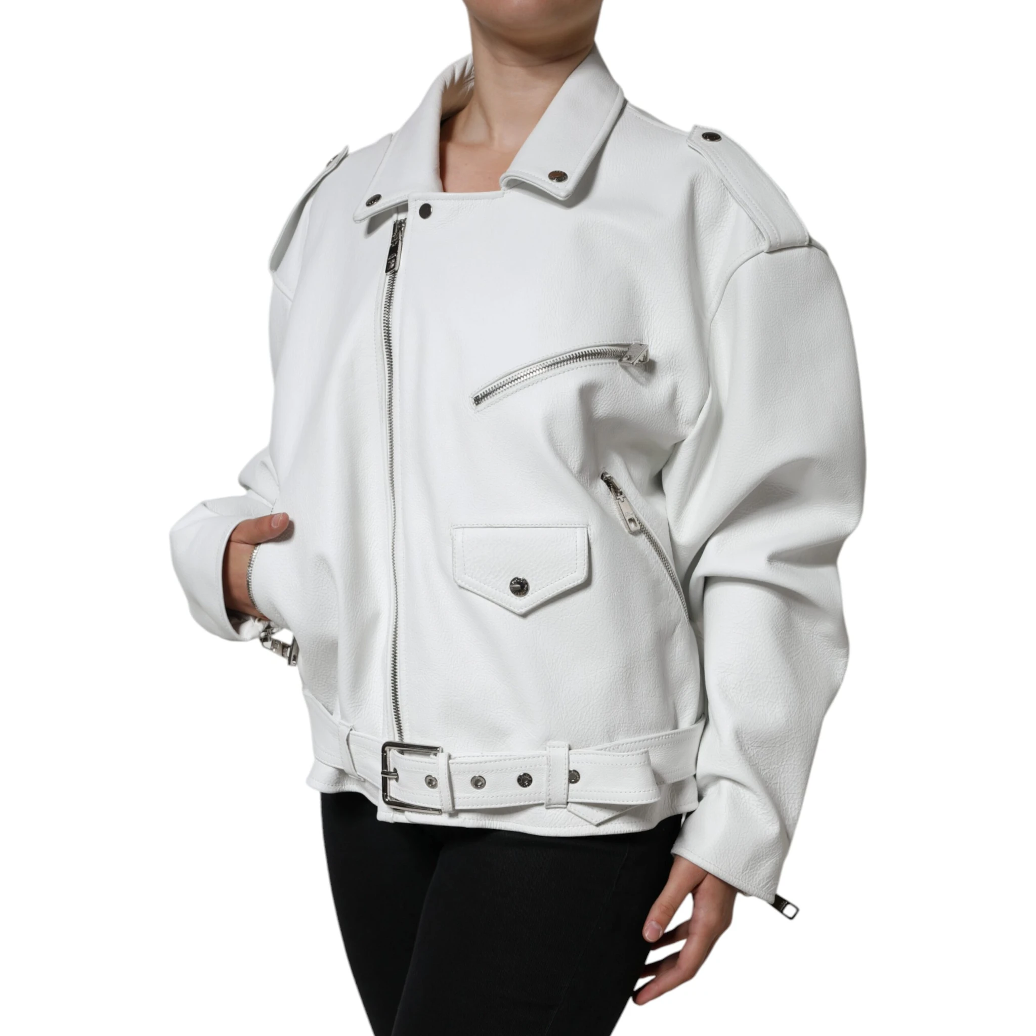 White Lambskin Leather Biker Coat Jacket