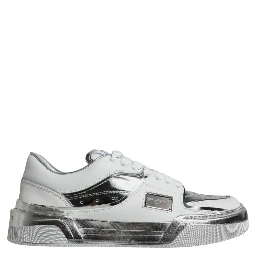 White Silver Leather Low Top Sneakers Shoes