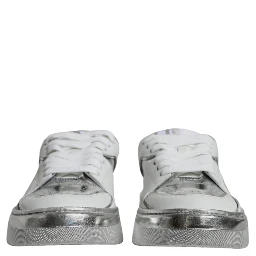 White Silver Leather Low Top Sneakers Shoes