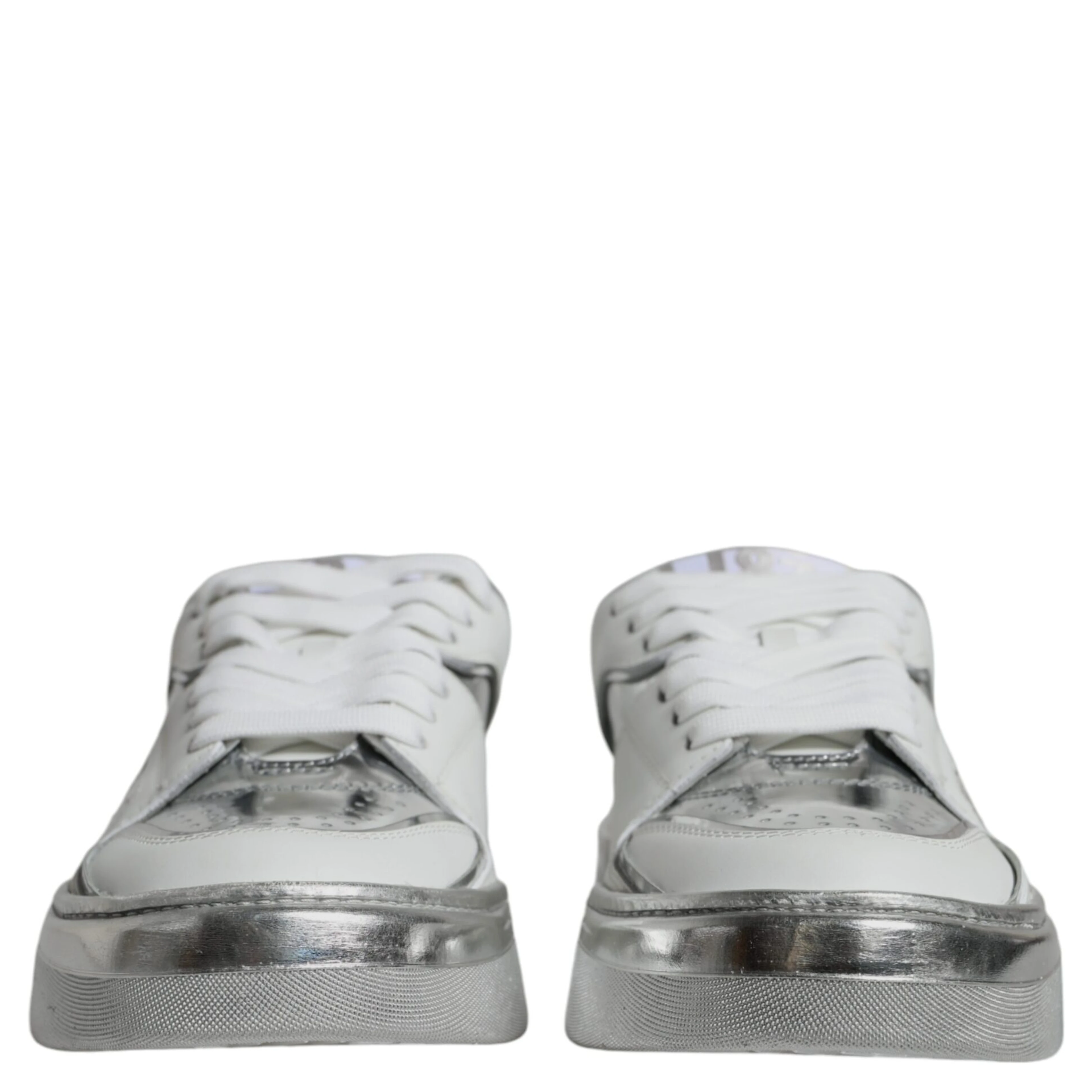 White Silver Leather Low Top Sneakers Shoes