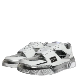 White Silver Leather Low Top Sneakers Shoes