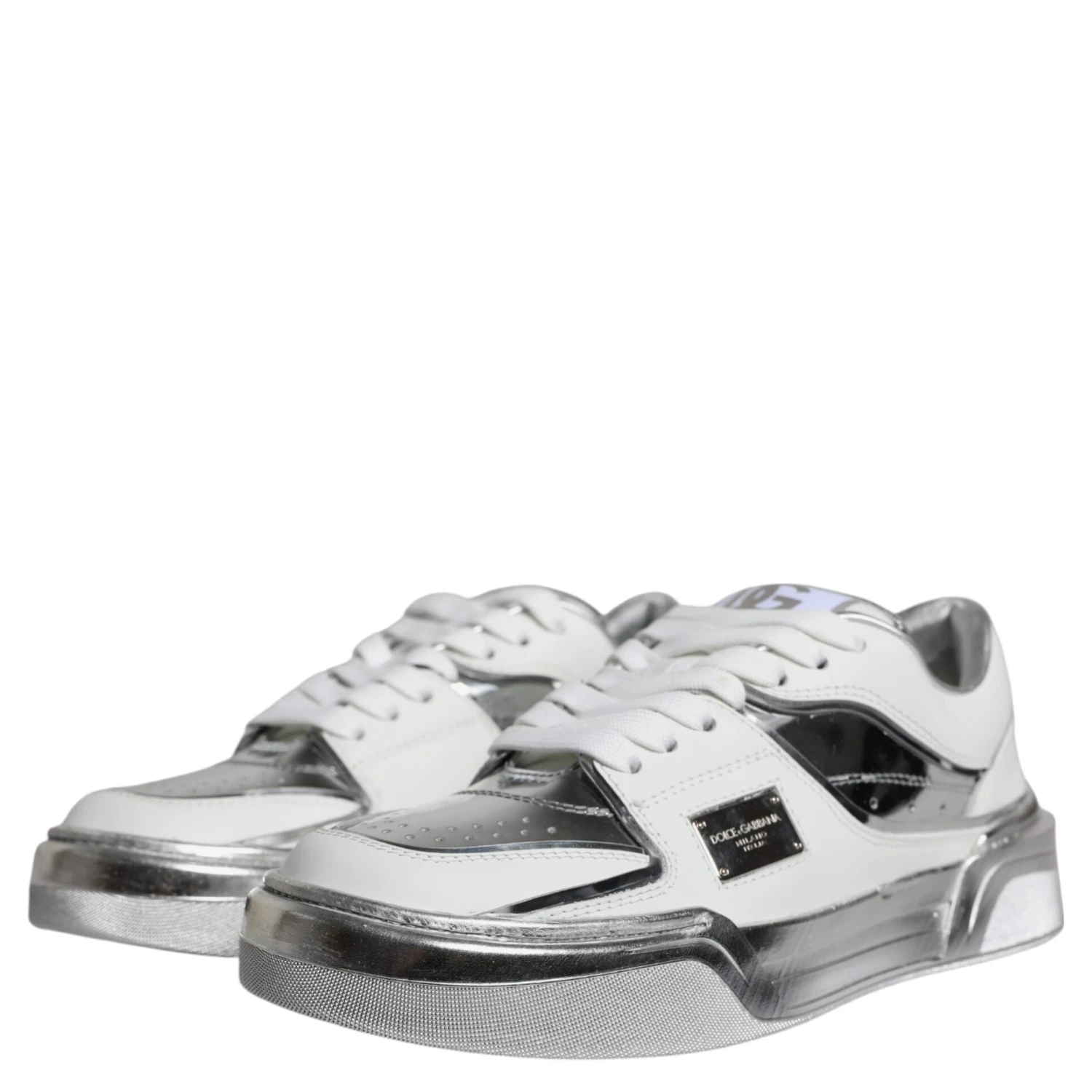 White Silver Leather Low Top Sneakers Shoes