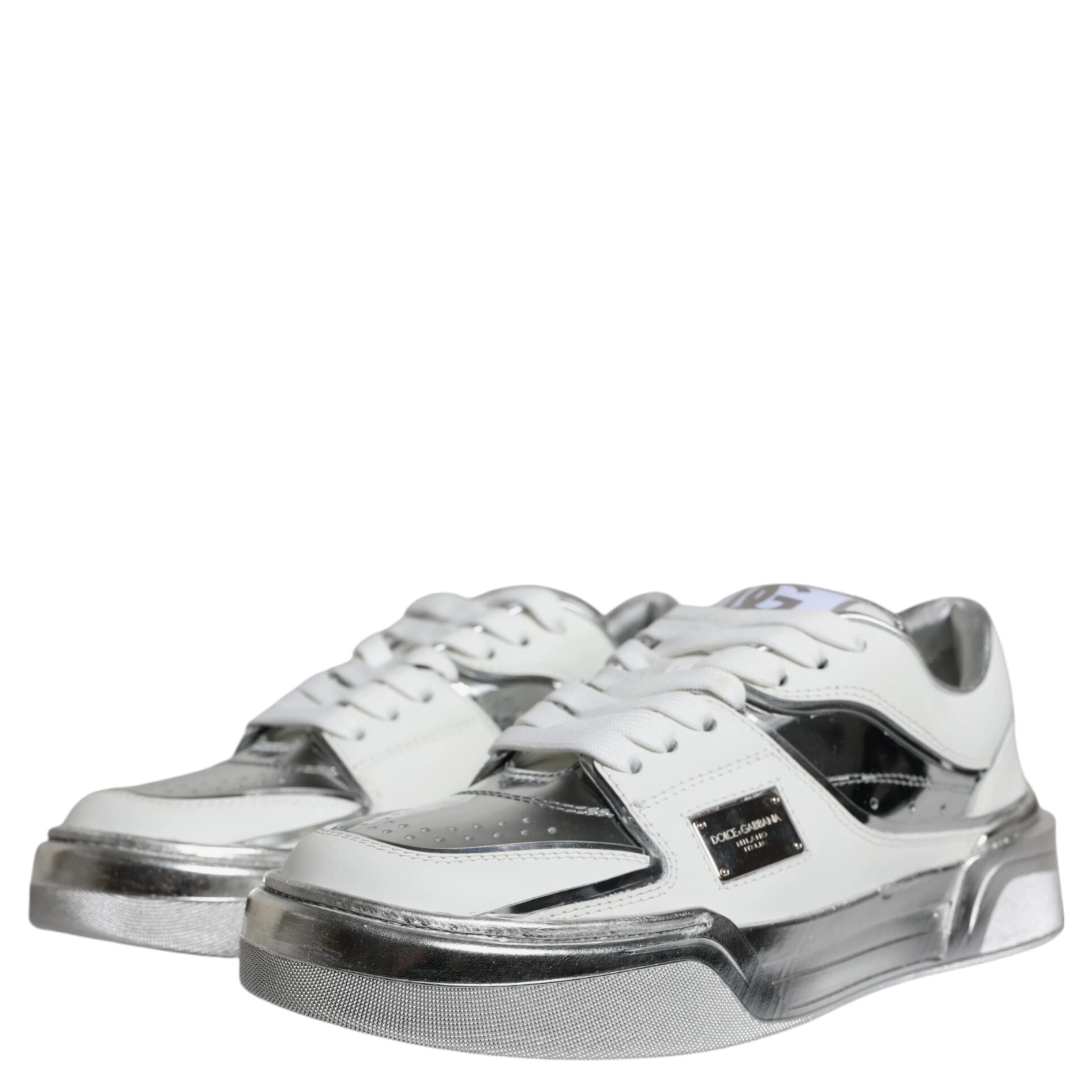 White Silver Leather Low Top Sneakers Shoes
