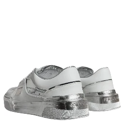 White Silver Leather Low Top Sneakers Shoes