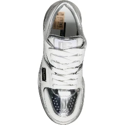 White Silver Leather Low Top Sneakers Shoes