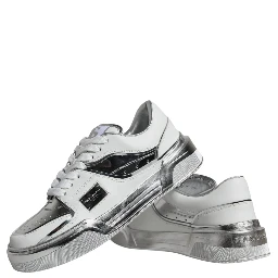 White Silver Leather Low Top Sneakers Shoes