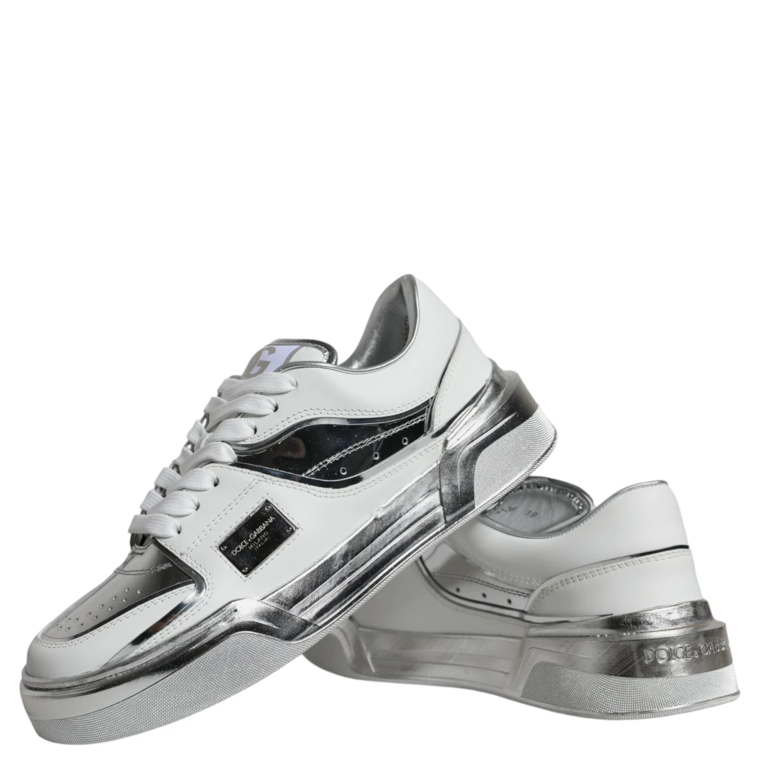 White Silver Leather Low Top Sneakers Shoes