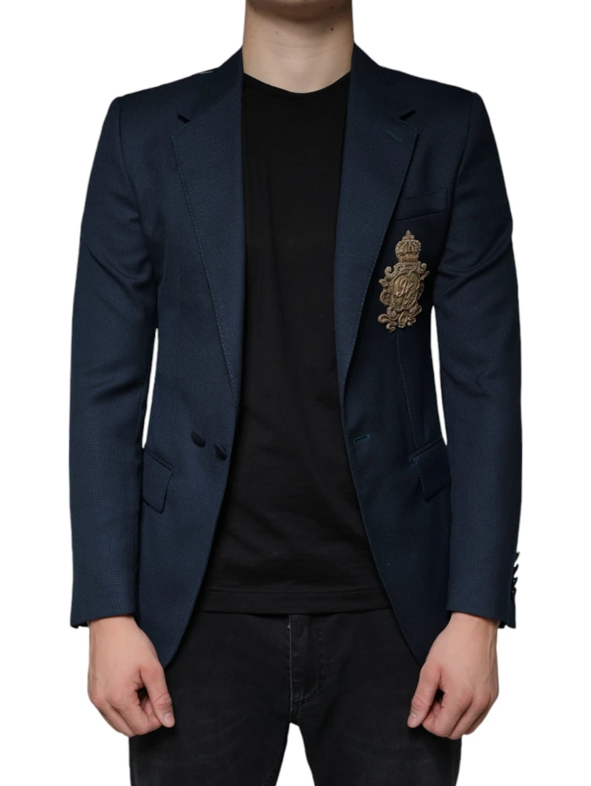 Blue Wool Logo Single Breasted Coat Blazer