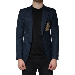 Blue Wool Logo Single Breasted Coat Blazer