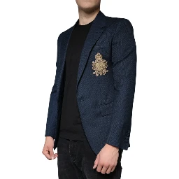 Blue Wool Logo Single Breasted Coat Blazer