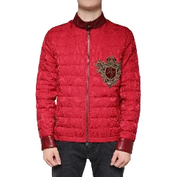 Red Quilted Bomber Gold Crown Logo Jacket