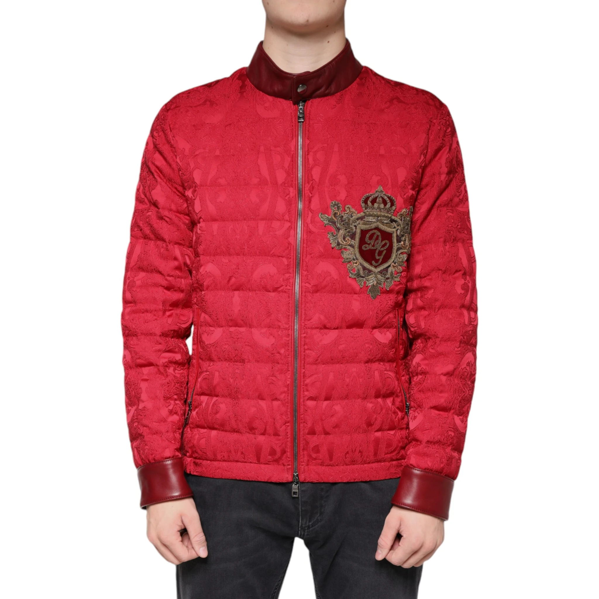 Red Quilted Bomber Gold Crown Logo Jacket